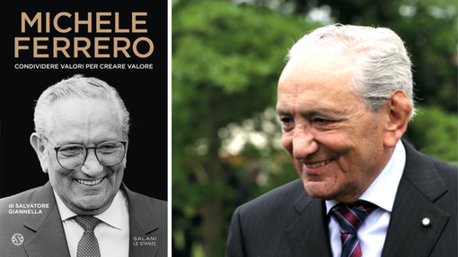 Il grande imprenditore Michele Ferrero e, a sinistra, la copertina della prima biografia a lui dedicata