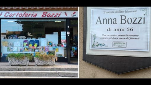 La cartoleria Bozzi di Arcisate, con fuori l'annuncio del decesso della proprietaria Anna