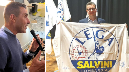 Andrea Cassani con la bandiera della Lega e Roberto Vannacci
