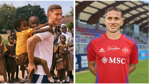 Alessio Chiesa, centrale diciannovenne scuola Inter protagonista di un'ottima stagione con la Primavera del Como: a sinistra è in Ghana, dove si è recato con alcuni ex compagni lariani per allenare decine di bambini (foto tratta dal profilo Facebook ufficiale del Como 1907)