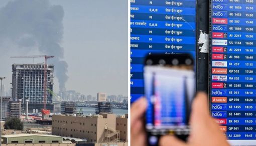 La foto del fumo sopra Dubai dalla nave e a lato un'immagine Adnkronos in aeroporto