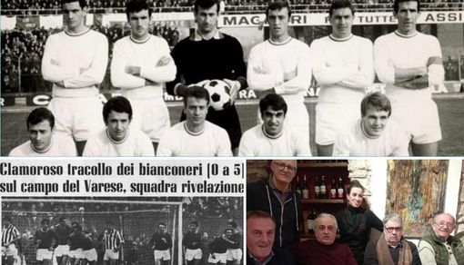 Il 4 febbraio di 57 anni fa il Varese battè la Juventus 5-0 al Franco Ossola: Ambrogio Borghi, qui sopra secondo accosciato da sinistra, ricorda il miracolo di Masnago con aneddoti straordinari. Nella foto odierna è l'ultimo a destra accanto al nostro Claudio Ferretti