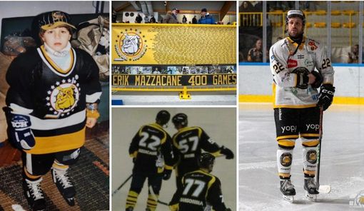 Piccolo granze Erik Mazzacane, 30 anni, recordman di presenze nei Mastini. Qui sopra, con il suo numero 22, è insieme all'indimenticabile amico e compagno Marco Fiori, di spalle con il numero 57