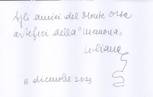 Il messaggio autografo di Liliana Segre agli Amici del Monte Orsa Il messaggio autografo di Liliana Segre agli Amici del Monte Orsa