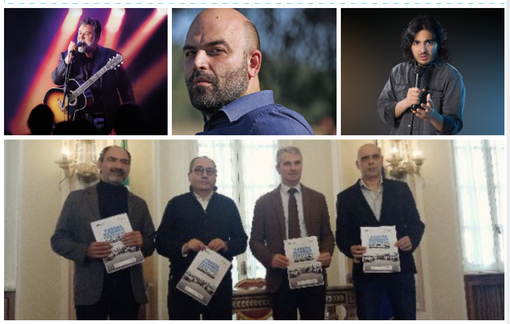 In alto da sinistra: Crowe, Saviano e Angioni. In basso: il direttore Teatro di Varese Filippo De Sanctis, l'assessore Enzo Laforgia, il sindaco Davide Galimberti e Alessandro De Luigi di AD Management
