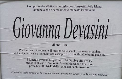 Il necrologio di Giovanna Devasini