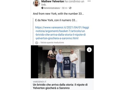 Mathew Yelverton, figlio di Charlie, riprende così il pesce d'aprile più riuscito della provincia: con il numero 33 il neo acquisto della Robur Saronno è in realtà “il Barba” James Harden Mathew Yelverton, figlio di Charlie, riprende così il pesce d'aprile più riuscito della provincia: con il numero 33 il neo acquisto della Robur Saronno è in realtà “il Barba” James Harden