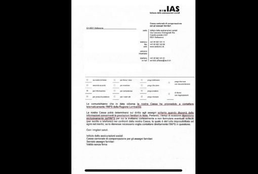 La lettera dell'Ias ricevuta dai lavoratori frontalieri italiani