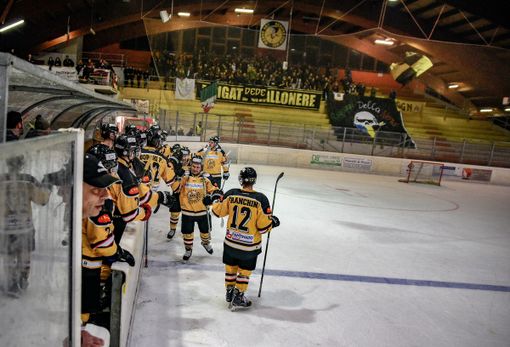 I Mastini si danno il cinque dopo un gol mentre dietro di loro la Curva canta senza sosta: serata spettacolare al Palalbani (foto e galleria di Alessandro Galbiati)