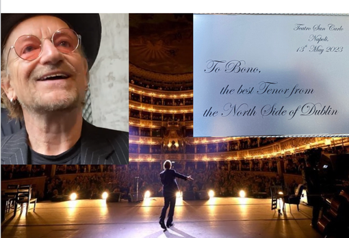 Bono al San Carlo - dal profilo Instagram della band - e la targa dei fans, con la sua felicità genuina