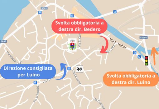 Le mappe con la viabilità alternativa predisposta per aggirare il cantiere sulla Sp69 che partirà il 20 novembre tra Porto Valtravaglia e Germignaga
