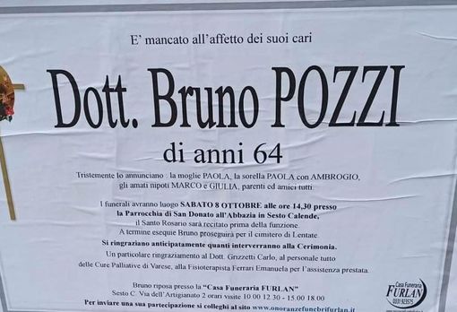 Il necrologio che annuncia la scomparsa del dottor Bruno Pozzi Il necrologio che annuncia la scomparsa del dottor Bruno Pozzi