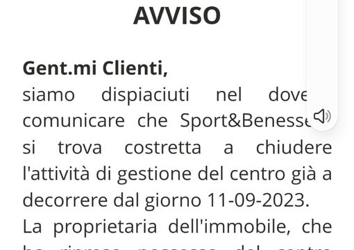 L'avviso affisso ai cancelli e pubblicato sul sito web della palestra Sport&amp;Benessere di Brebbia