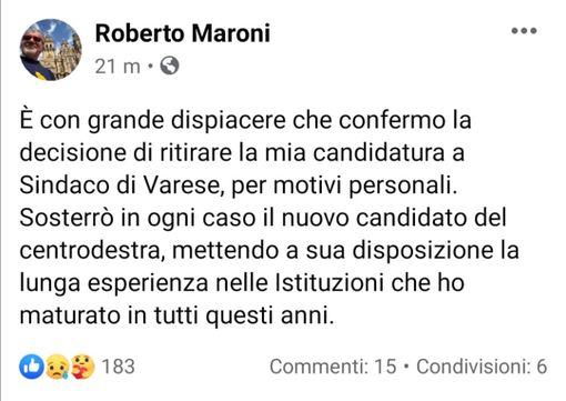 Maroni conferma il passo indietro: «Mi ritiro per motivi personali»