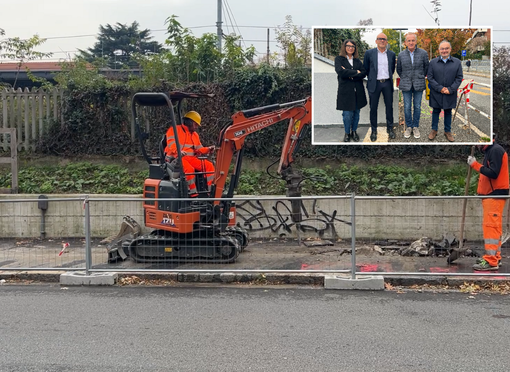 I lavori in partenza, nel riquadro Annalisa Berni, responsabile ciclo idrico integrato Alfa, Luca Lolaico, direttore generale Alfa, Emanuele Antonelli, sindaco Busto Arsizio, Fabio  Bandera, direttore tecnico Alfa