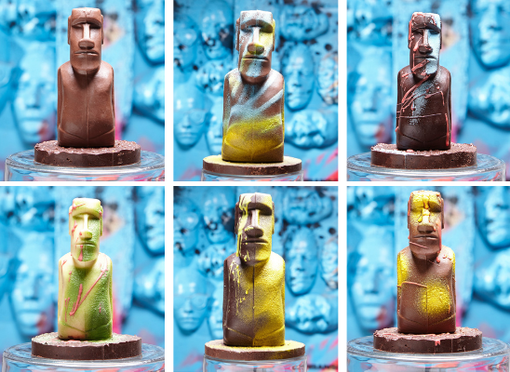 Vari esempi dei Moai di Fabio Longhin; in alto a sinistra, la versione "originale" (servizio a cura di Giulia Nicora)