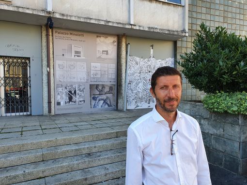 Massimo Gnocchi, candidato sindaco di Obiettivo Comune Gallarate. Sotto, la pista di atletica