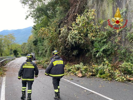 FOTO. Frana a Maccagno: due metri cubi di terra, rocce e piante sulla statale 394. Strada interrotta e traffico in tilt