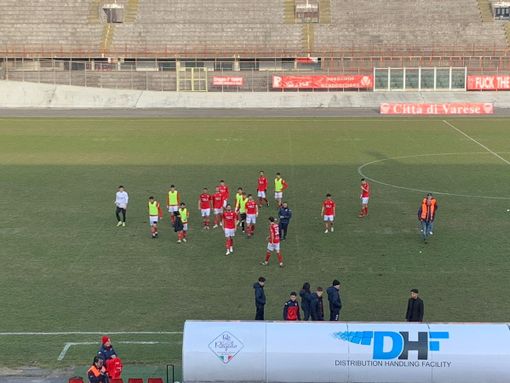 L'uscita dei giocatori del Varese a fine gara