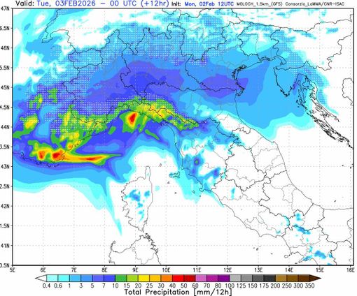 La mappa precipitazioni in base al modello analizzato da Bertoni La mappa precipitazioni in base al modello analizzato da Bertoni