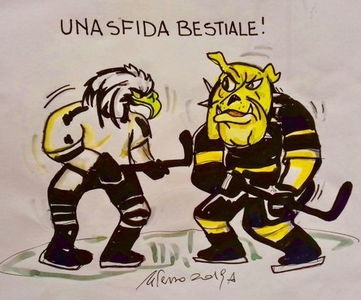 La sfida tra Mastini e Aquile meranesi vista dal vignettista Tiziano Riverso La sfida tra Mastini e Aquile meranesi vista dal vignettista Tiziano Riverso
