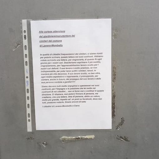 Un biglietto per il giardiniere dei cimiteri di Laveno Mombello: «Grazie per quello che fa ogni giorno per i nostri cari»