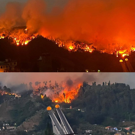 Le immagini del rogo vicino all'autostrada di Riccardo Brocchini diffusa dalla pagina Facebook di Rete Meteo Amatori e del Comune