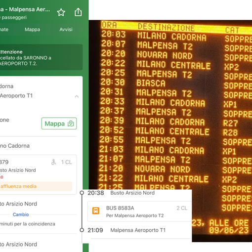 Un orario della app e il tabellone a Busto