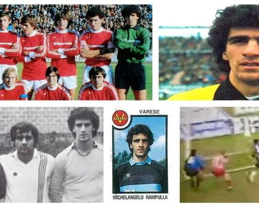 Michelangelo Rampulla, 61 anni, nelle furie biancorosse in alto a destra e, poi, qui sopra sempre sulla destra con Auteri, Anastasi e Di Giovanni. A destra segna il celeberrimo gol di testa con la Cremonese all'Atalanta dopo il 90'