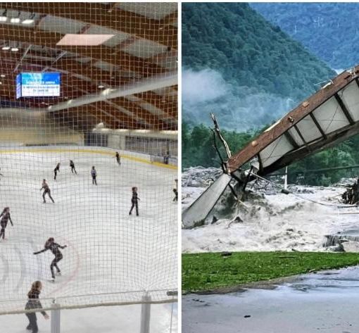 A sinistra la pista dell'Acinque Ice Arena, a destra il palaghiacico di Prato Sornico completamente distrutto