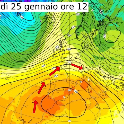La cartina postata dal Centro Geofisico Prealpino con l'arrivo di masse d'aria di origine subtropicale causata dall'anticiclone posizionato tra Algeria, Marocco e Spagna