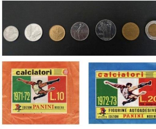 I mitici cartelli dei gelati Alemagna ed Eldorado (ai lati), le monetine delle lire e i pacchetti delle Figurine Calciatori d'antan