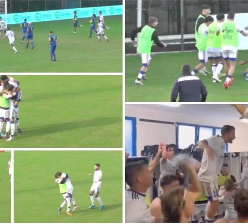 Nelle due foto in alto il rigore di Scapinello e l'esultanza del 2-1. Qui sopra quella del capitano con i compagni dopo l'1-0 e la gioia finale in spogliatoio