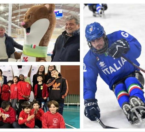 Il viaggio verso le Olimpiadi del 2026 di Tina e Milo inizia dal palaghiaccio di Varese (sopra il sindaco Galimberti e l'assessore Malerba) e dalla scuola Pascoli (sotto gli alunni con l'assessore Dimaggio). A destra un momento della semifinale del Memorial Ciaz vinta dalla Slovacchia sull'Italia nella foto di Marco Guariglia