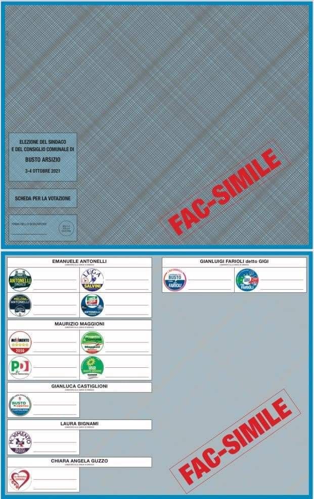 Busto e il fac-simile della scheda elettorale: Farioli è «l'unico a destra» Busto e il fac-simile della scheda elettorale: Farioli è «l'unico a destra»