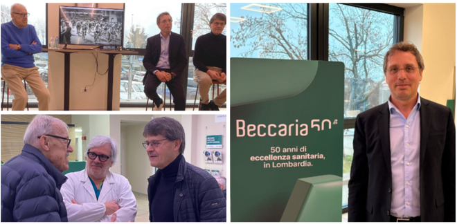 Il Beccaria compie cinquant'anni: a destra il "papà" e ad del centro Claudio Pucci, a sinistra l'appuntamento di stamattina per rinsaldare radici, presente e futuro con Aldo Ossola e Giulio Clerici, direttore sanitario della struttura