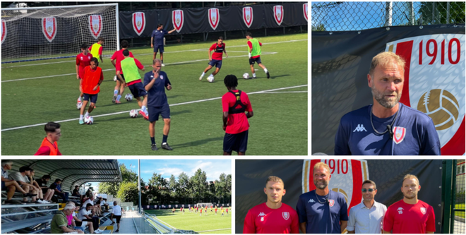 In alto mister Ciceri guida il primo allenamento del Varese alle Bustecche. Qui sopra i fedelissimi presenti, Malinverno, lo stesso Ciceri, il ds Battaglino e Bruzzone