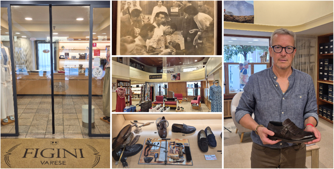 Enrico Cellerino nel Figini di via Morosini e, sopra, la fotografia della visita del “Campionissimo”  Fausto Coppi in uno dei negozi varesini più amati di sempre e da sempre