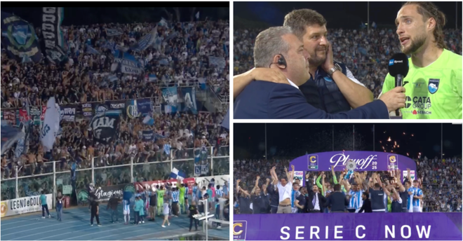 La festa del Pescara davanti ai 20 mila dell'Adriatico e, sopra, mister Baldini commosso insieme al portiere Alessandro Plizzari, eroe della finale di ritorno per la B vinta sulla Ternana ai rigori La festa del Pescara davanti ai 20 mila dell'Adriatico e, sopra, mister Baldini commosso insieme al portiere Alessandro Plizzari, eroe della finale di ritorno per la B vinta sulla Ternana ai rigori