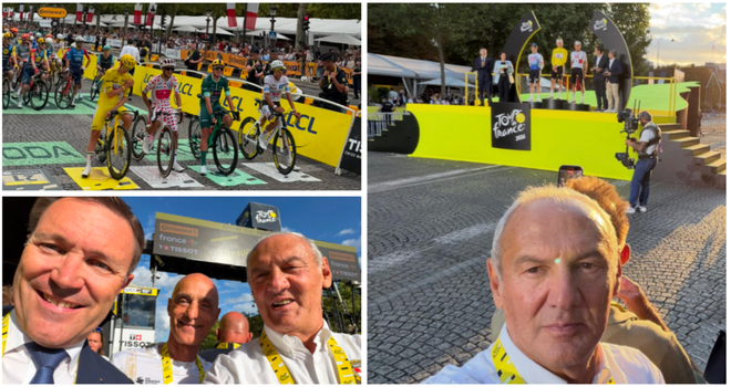 Renzo Oldani, orgoglio varesino all'ultima tappa del Tour con i grandi del ciclismo: a destra è accanto a David Lappartient, numero uno dell'Unione ciclistica internazionale e del ciclismo mondiale, e a Mauro Gianetti, ceo e guida dell'UAE Team Emirates di Tadej Pogacar