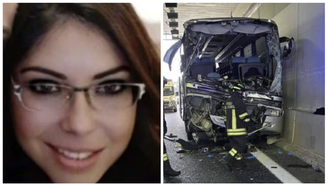 Domenica Russo, maestra della primaria di Cazzago Brabbia, e il pullman dopo l'incidente dello scorso maggio in Pedemontana a Lomazzo