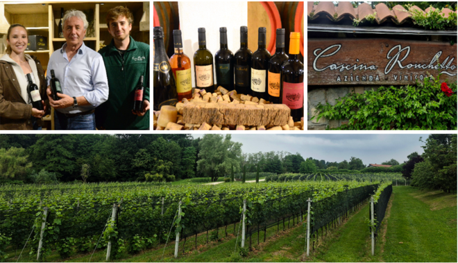 Fabio Cazzani insieme ai figli Pascale ed Elia, i vigneti della Cascina Ronchetto di Morazzone e otto bottiglie "figlie" della nostra terra