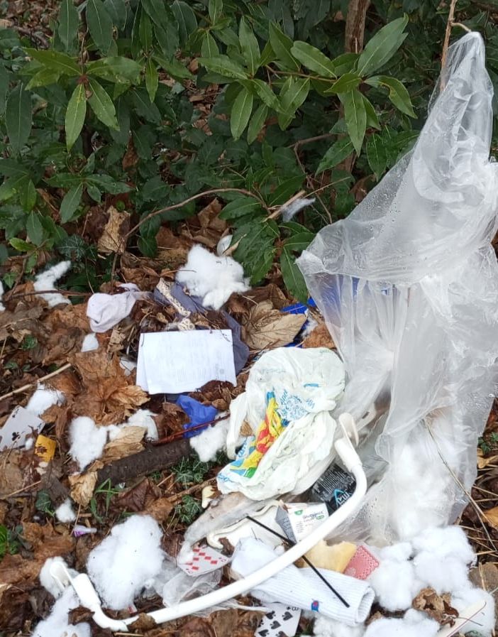 FOTO. Un seggiolone, una cuccia, medicinali, biancheria e carte da gioco: c'è di tutto nella discarica abusiva comparsa in via Dunant