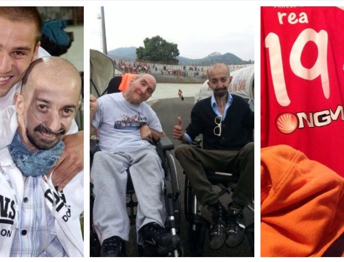 Luca Alfano con Pavoletti, con l'amico Alfredo Luini sulle loro carrozzine accanto alla panchina del Varese e addormentato con la maglia biancorossa sullo sfondo Luca Alfano con Pavoletti, con l'amico Alfredo Luini sulle loro carrozzine accanto alla panchina del Varese e addormentato con la maglia biancorossa sullo sfondo
