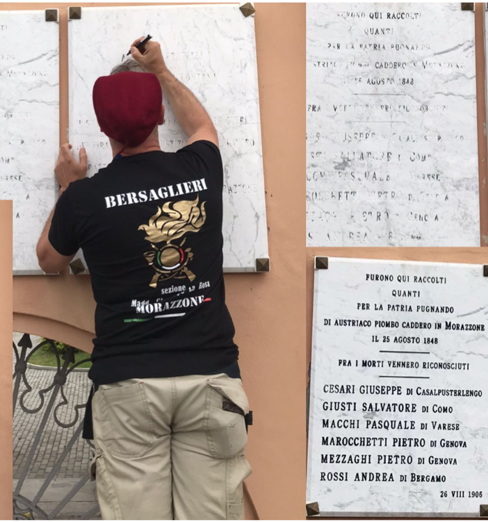 GESTO D'ALTRI TEMPI - Morazzone, alpini e bersaglieri riqualificano due lapidi in onore ai caduti
