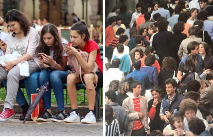 A sinistra tutti al cellulare tra messaggini, cuoricini e fiorellini, vicini eppure lontanissimi. A destra un'immagine delle vasche in corso Matteotti a Varese dove una fiumana di gente s'incontrava, e a volte si scontrava, nella realtà, faccia a faccia (foto di Pamela Pini tratta dalla Varese Nascosta)
