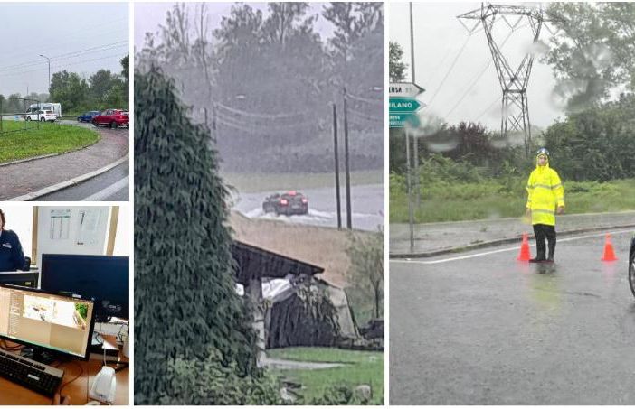 Nelle foto la situazione sulla provinciale del lago alla rotonda con via Corridoni (a destra e in alto a sinistra) e quella all'altezza del Porticciolo di Capolago (foto centrale)