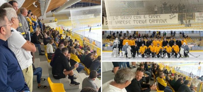 Lo striscione in curva, 400 tifosi al primo allenamento, i nuovi-vecchi amatissimi Mastini e coach Glavic in tribuna con Malfatti a seguire i suoi (Foto Alessandro Umberto Galbiati)