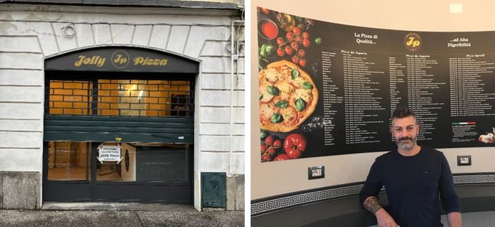 La vetrina del nuovo Jolly Pizza, in via Dandolo, e Cristiano Lo Presti, proprietario dell'attività