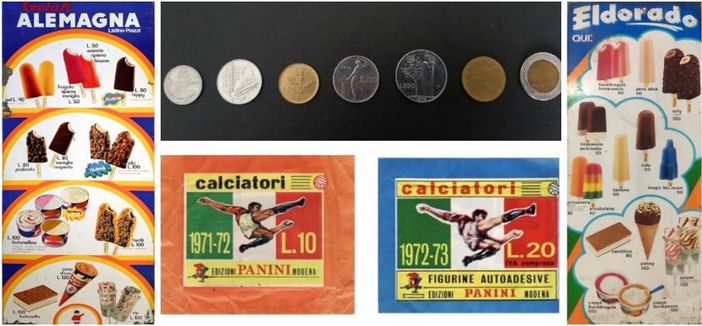 I mitici cartelli dei gelati Alemagna ed Eldorado (ai lati), le monetine delle lire e i pacchetti delle Figurine Calciatori d'antan
